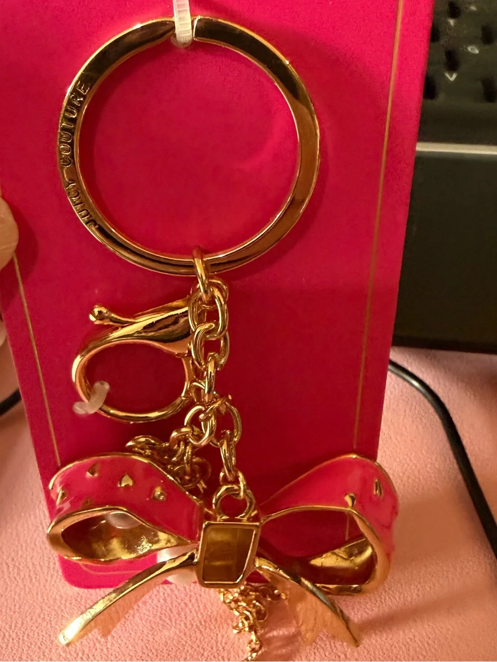 Juicy Couture Gold-Tone Bow Keychain with Pink Card Holder Backing